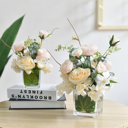 假花仿真花玻璃方樽桌面装饰商务