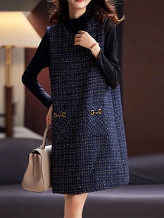 气质小香风短款连衣裙女春秋季2024年新款百搭无袖裙欧风大码裙子