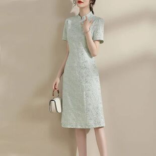 夏季新品时尚立领显瘦旗袍裙a字裙优雅百搭提花刺绣连衣裙女浅绿