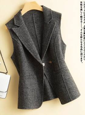 秋冬新款毛呢马甲女西装领短款修身背心外穿坎肩毛呢外套马夹外搭