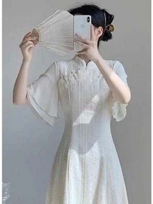 新中式女装国风半袖连衣裙女夏季高级感收腰小个子改良旗袍连衣裙