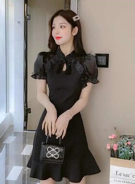 夏季木耳边拼接立领改良版旗袍连衣裙女2024年新款白色包臀荷叶裙