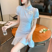 改良旗袍修身 国风复古连衣裙女夏2024新款 小个子短款 显瘦鱼尾裙子