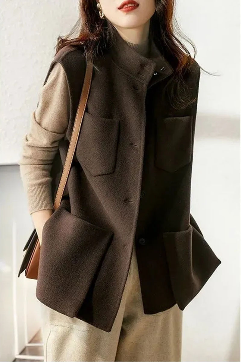 口袋工装风外套女装2024秋冬新款洋气立领显瘦百搭毛呢马夹外套女