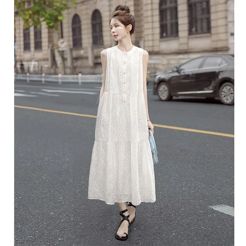 2025夏装新款法式温柔风女士气质无袖单排扣宽松显瘦中长款连衣裙