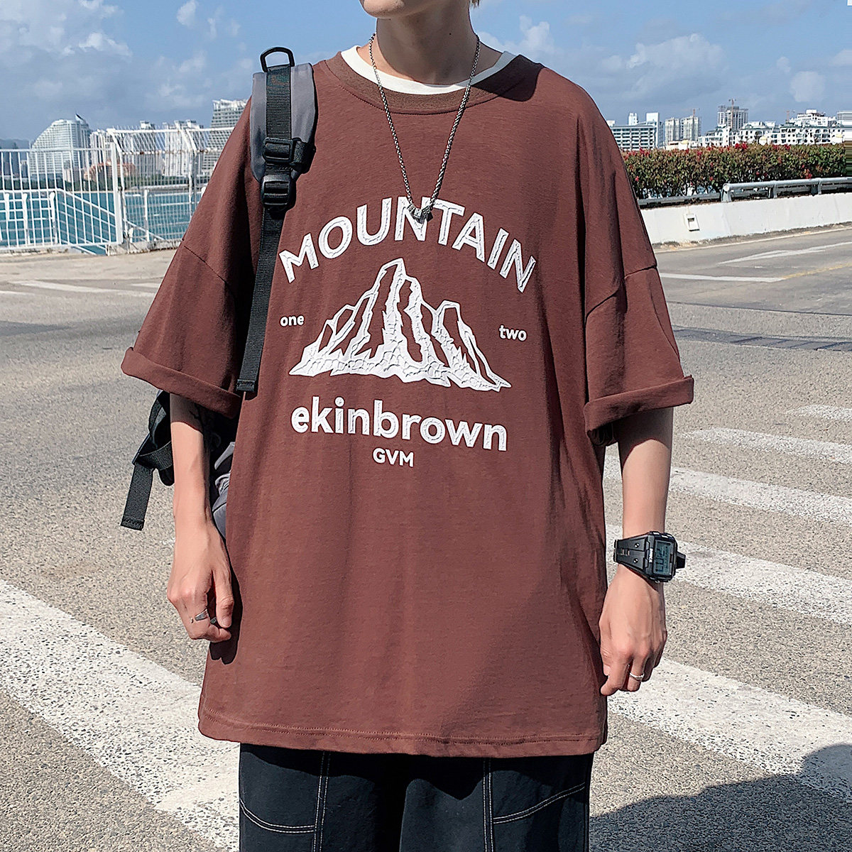 图案已注册港风日系中性休闲情侣大码风短袖T恤DT7655P25,男装T恤,星座227-7