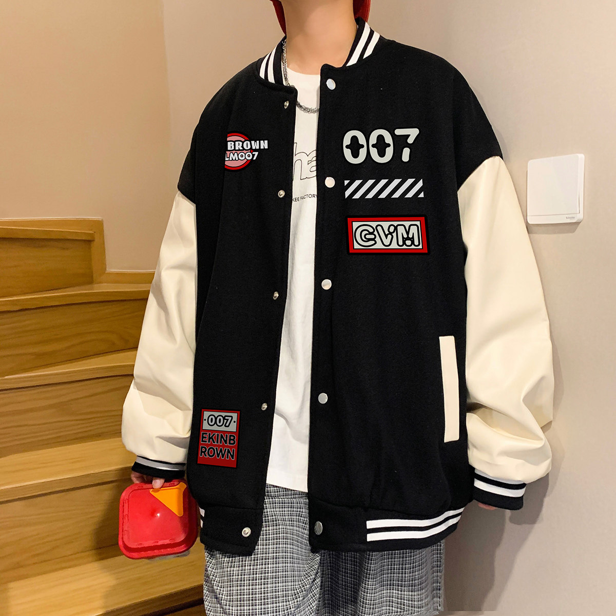 港风潮牌休闲宽松条纹印花潮棒球服男夹克男外套男JK7583P78图片