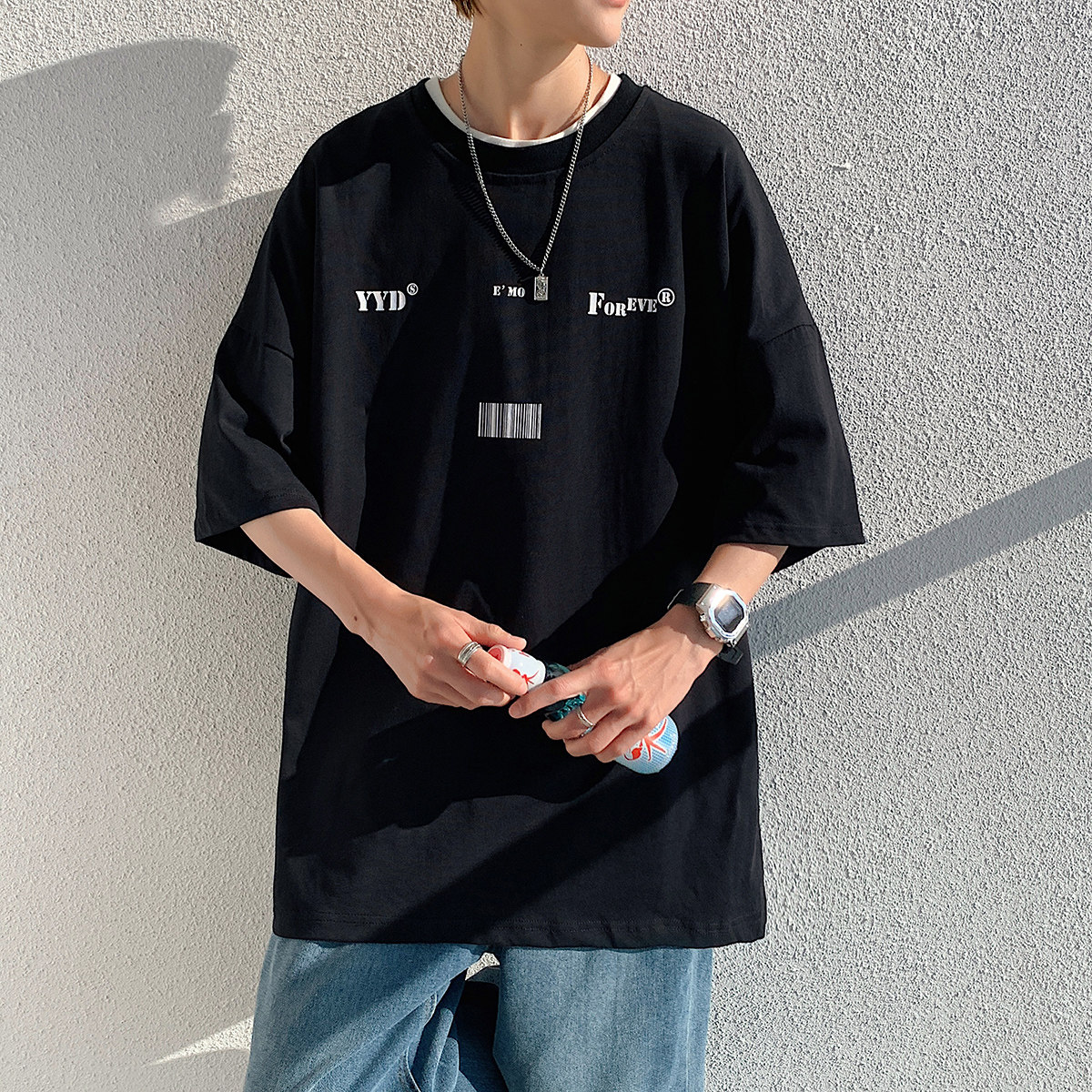 YYDS/EMO字母图案港风中性休闲情侣大码风短袖T恤DT7643P25,男装T恤,星座227-7