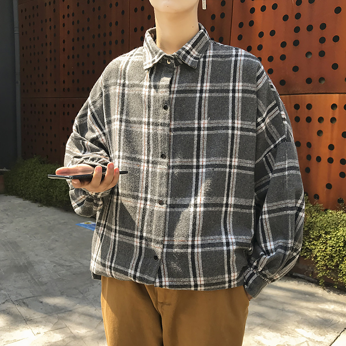 港风大码中性宽松磨毛呢料格子加厚长袖衬衫男7724P55,男装衬衫,星座227-7