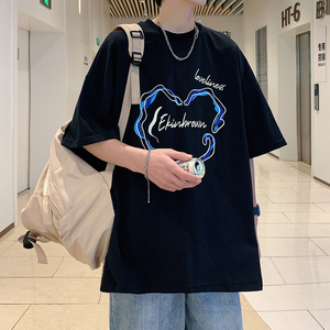 港风休闲运动情侣大码中性潮爱心印花短袖T恤男DT7835P25图片