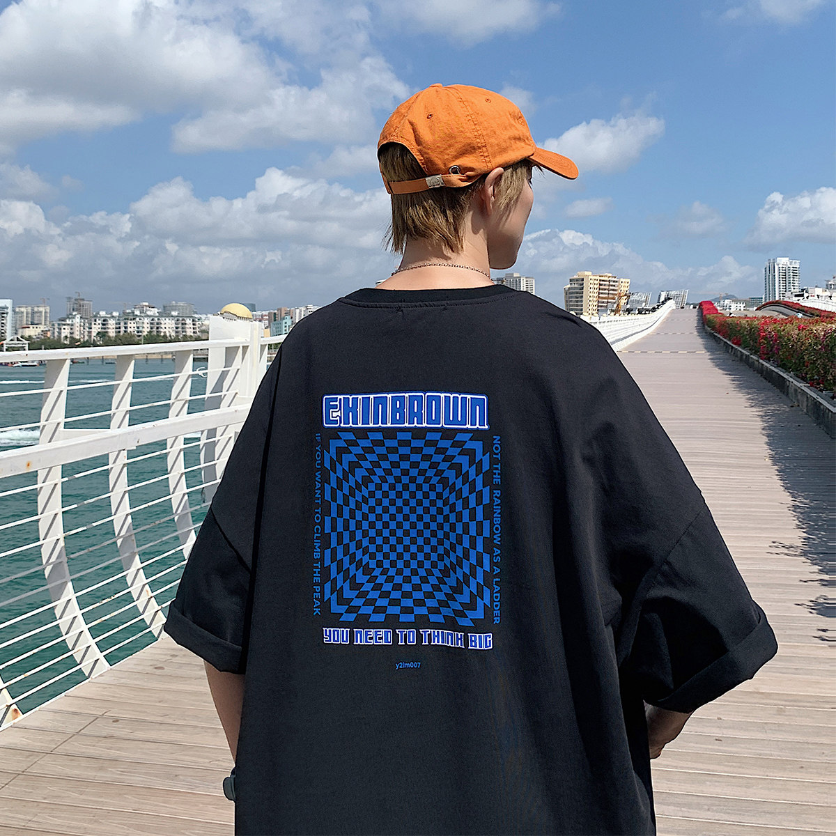 图案已注册港风流行棋盘格休闲情侣大码风短袖T恤DT7653P30,男装T恤,星座227-7