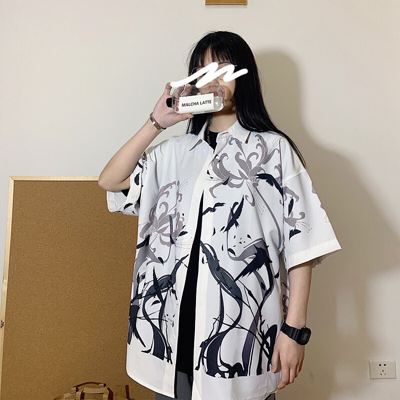 港风春季休闲情侣大码衬衫男潮流帅气短袖衬衣7854P45图片