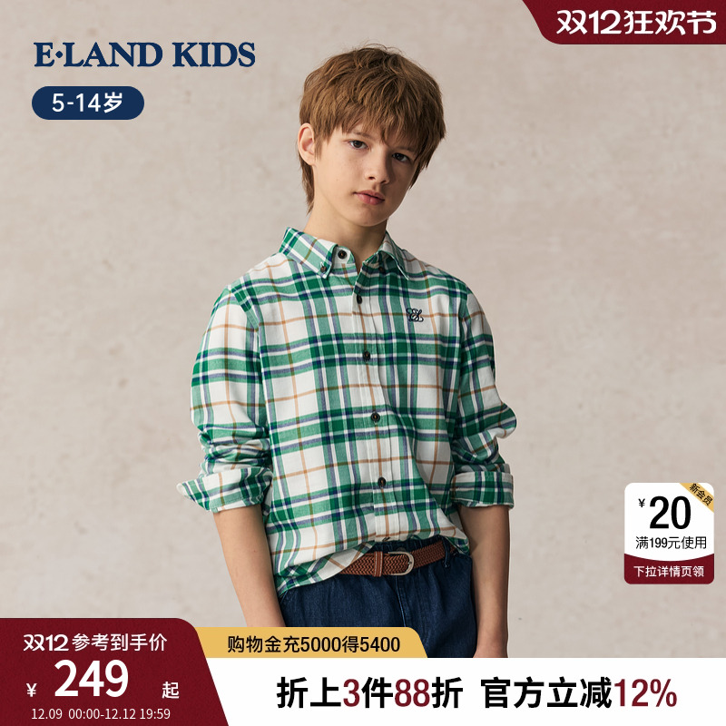 elandkids男女童学院风格子衬衫