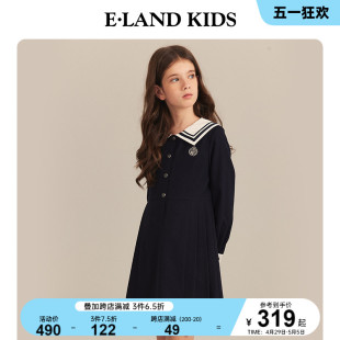 新品 eland 2024年春季 女童学院风海军领长袖 kids衣恋童装 连衣裙