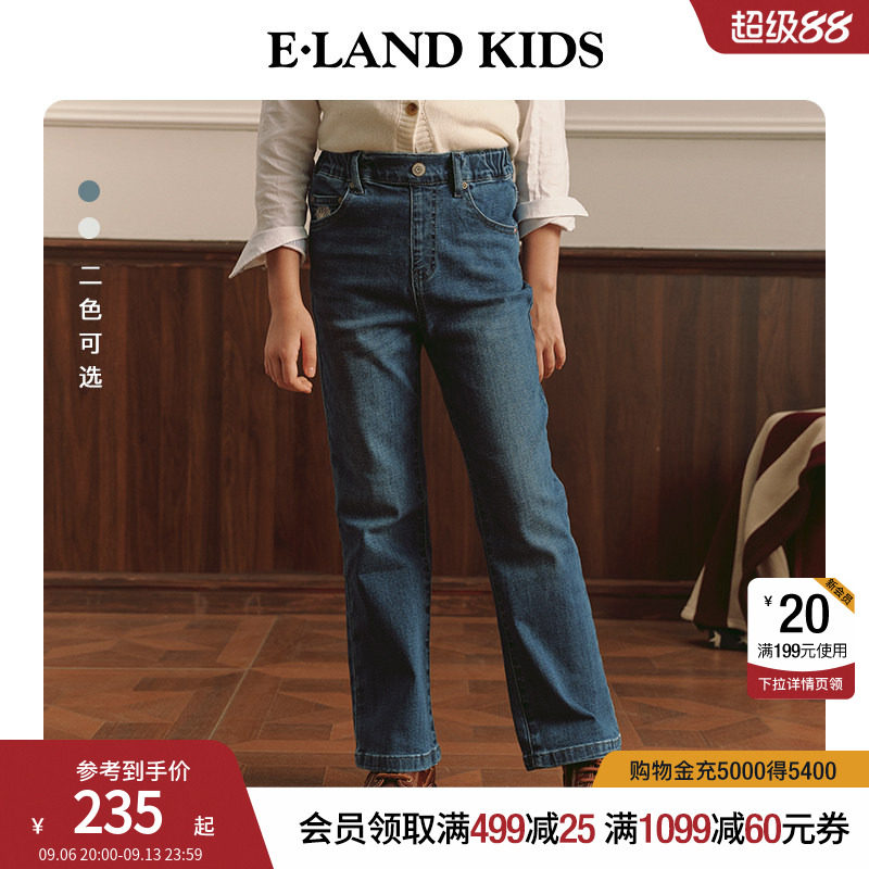 elandkids女童刺绣微喇牛仔裤图片