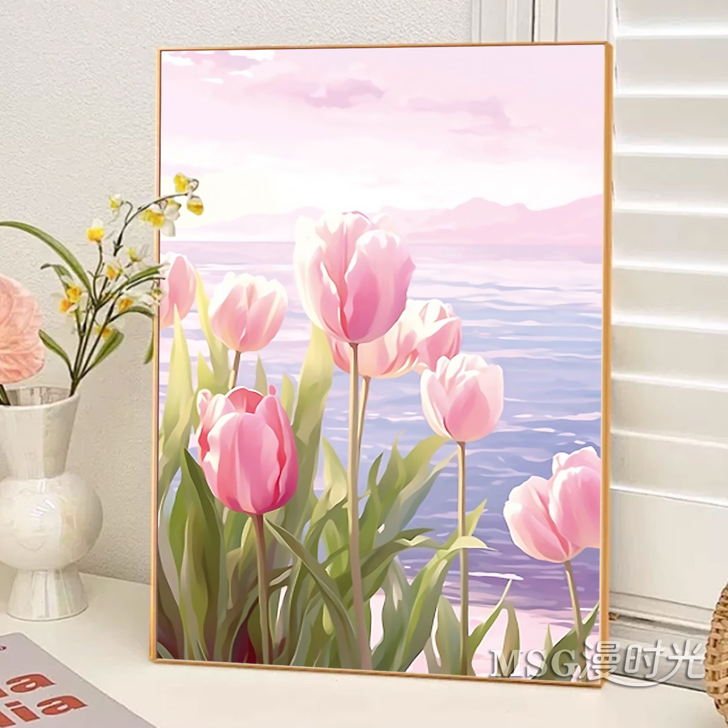 奶油风郁金香5D钻石画满钻清新花卉diy点粘钻十字绣餐厅装饰挂画