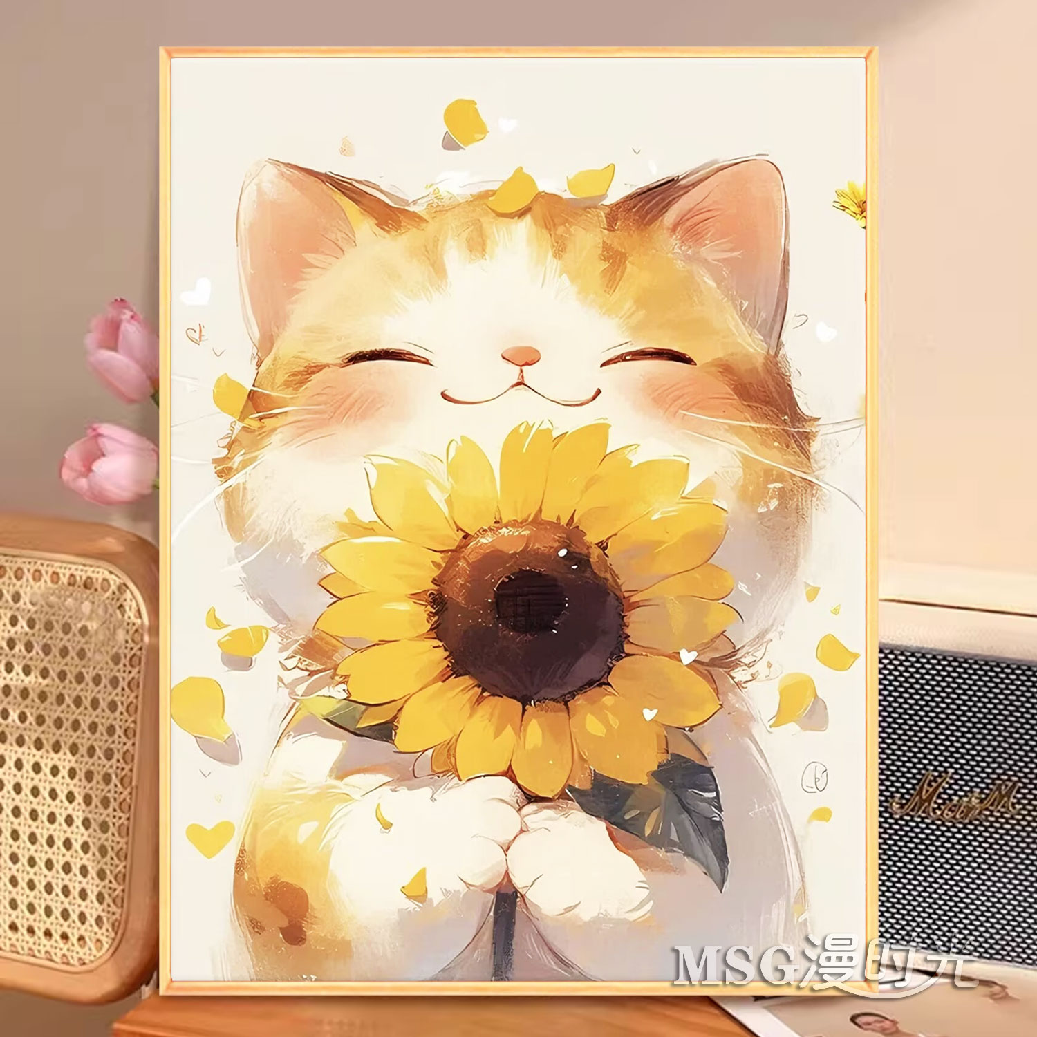 猫咪向日葵5D钻石画新款卧室可爱橘猫治愈动物简单手工贴钻十字绣