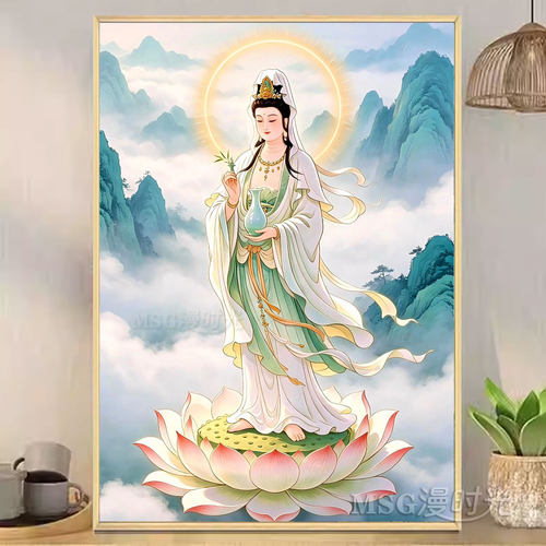 观世音菩萨5d钻石画2026新款线绣客厅莲花菩萨贴钻十字绣刺绣佛像