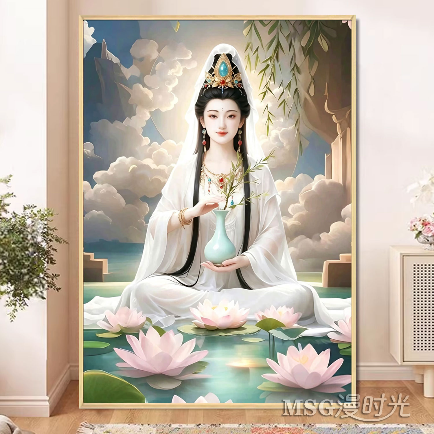 荷花观音钻石画保平安佛堂观世音菩萨佛像画像玄关贴钻十字绣刺绣