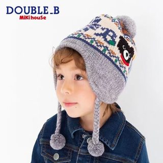 日本采购mikihouse儿童可爱针织灰色毛球男女宝宝帽子围巾