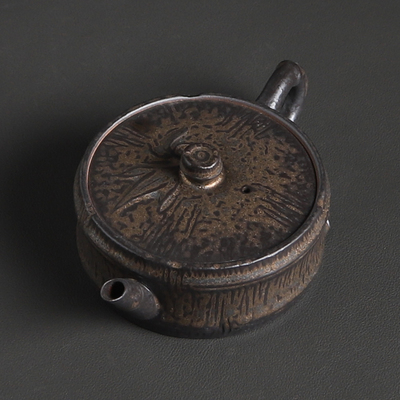 鎏金铁釉茶壶陶瓷复古大宽口竹节汉瓦壶古朴泡茶壶家用中式手持壶