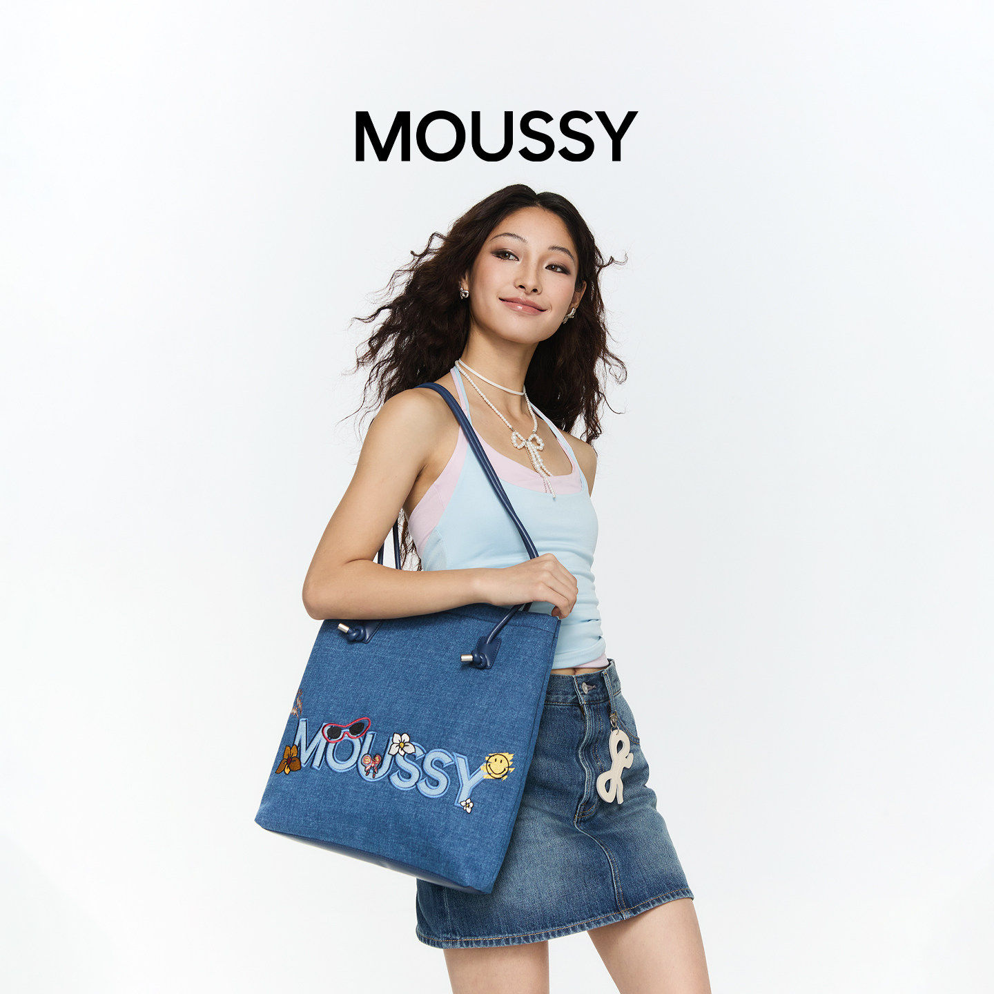 Moussyxsmiley大容量牛仔帆布托特包大学生单肩通勤上课包购物袋