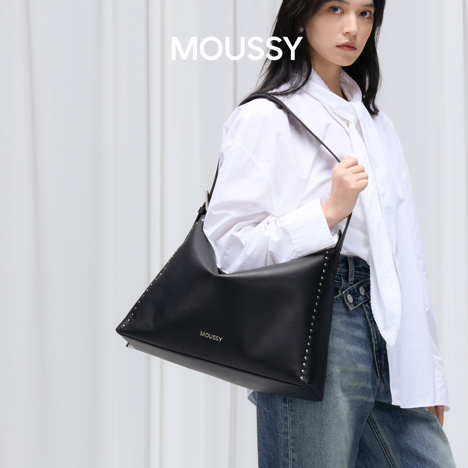 Moussy女真皮牛皮单肩hobo包通勤包大容量托特包高级感铆钉女包