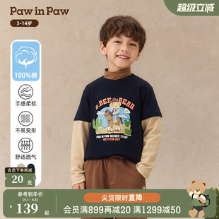PawinPaw卡通小熊童装 T恤 秋冬男童撞色拼接假两件长袖