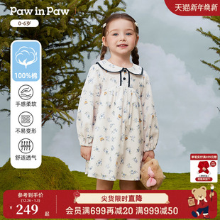 女宝宝A字版 新款 纯棉小碎花连衣裙 25年秋季 PawinPaw卡通小熊童装