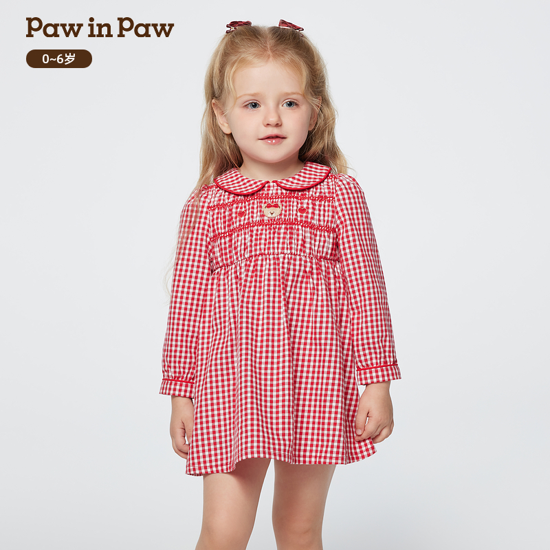 PawinPaw卡通小熊童装26年新款女宝宝儿童衬衫连衣裙学院风宽松