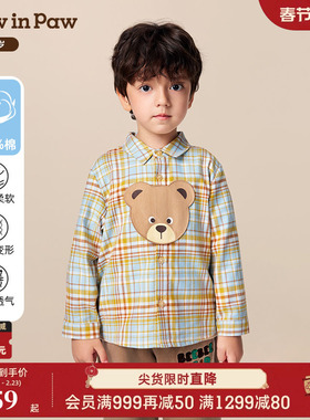 【商场同款】PawinPaw卡通小熊童装25年秋季新款男宝宝格纹衬衫