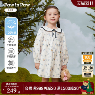 女宝宝A字版 新款 纯棉小碎花连衣裙 25年秋季 PawinPaw卡通小熊童装