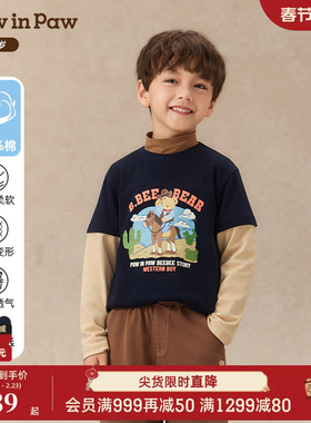 PawinPaw卡通小熊童装25年秋冬新款男童撞色拼接假两件长袖T恤