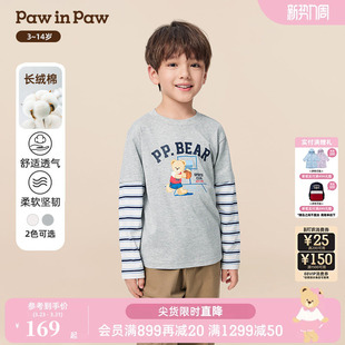 新款 25年秋季 PawinPaw卡通小熊童装 男童假两件T恤 长绒棉