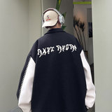 毛呢撞色拼接外套秋冬翻领印花棒球服上衣799P110，女装短外套，电商A458A