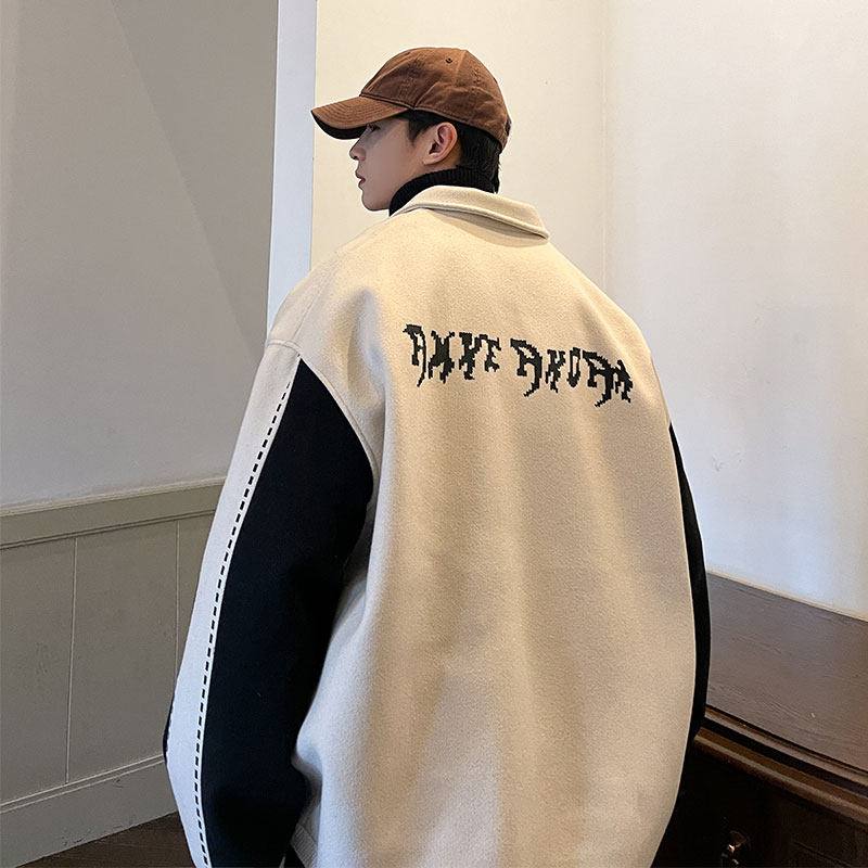 毛呢撞色拼接外套秋冬翻领印花棒球服上衣799P110，女装短外套，电商A458A