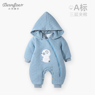 秋冬3月 2岁婴儿男女宝宝衣服偏开拉链哈衣夹棉带帽连体衣爬服萌