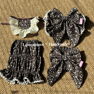 复古棕|纯棉碎花宠物头套 查理美卡防脏透气耳套露耳洞发带耳花