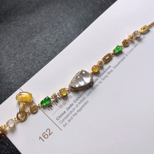 2025天然缅甸翡翠A货玻璃种葫芦手链18k金镶嵌0709GM104