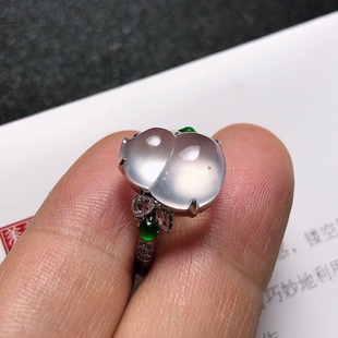 2025天然缅甸翡翠A货玻璃种白冰葫芦戒指18k金没封底0604M108