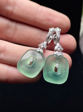 2025天然缅甸翡翠A货冰种晴水方扣耳坠18K金镶嵌0409JP110
