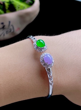 2025天然缅甸翡翠A货冰种阳绿紫罗兰蛋面手镯18k金镶嵌0730JP113