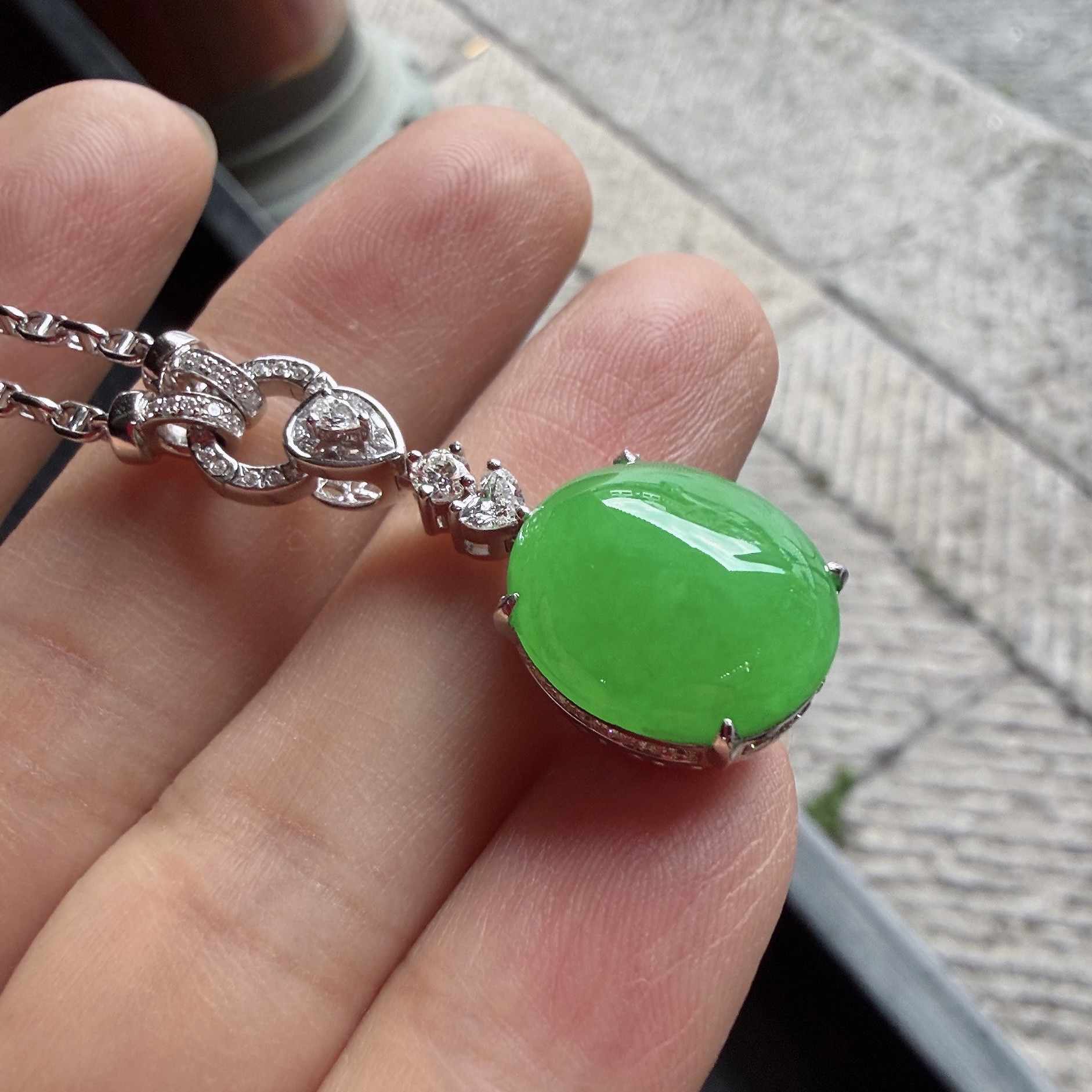 2026天然缅甸翡翠A货冰种满绿阳绿蛋面吊坠18k金镶嵌项链0418M110