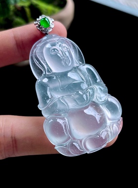 2025天然缅甸翡翠A货冰玻种齐莹起刚正装观音吊坠裸石0730JP120