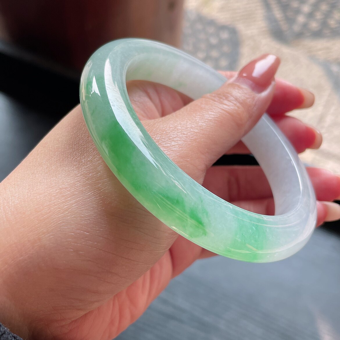 2026天然缅甸翡翠A货冰种飘绿花正圈手镯62大圈口0122X2