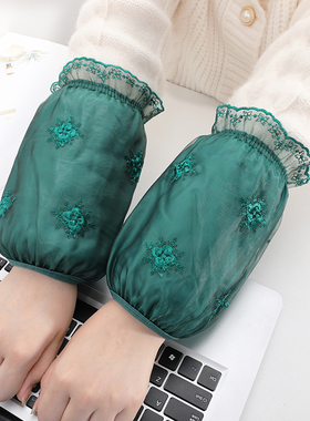 新款绿色蕾丝袖套女士秋冬季防污护袖时尚洋气棉衣袖头羽绒服护袖