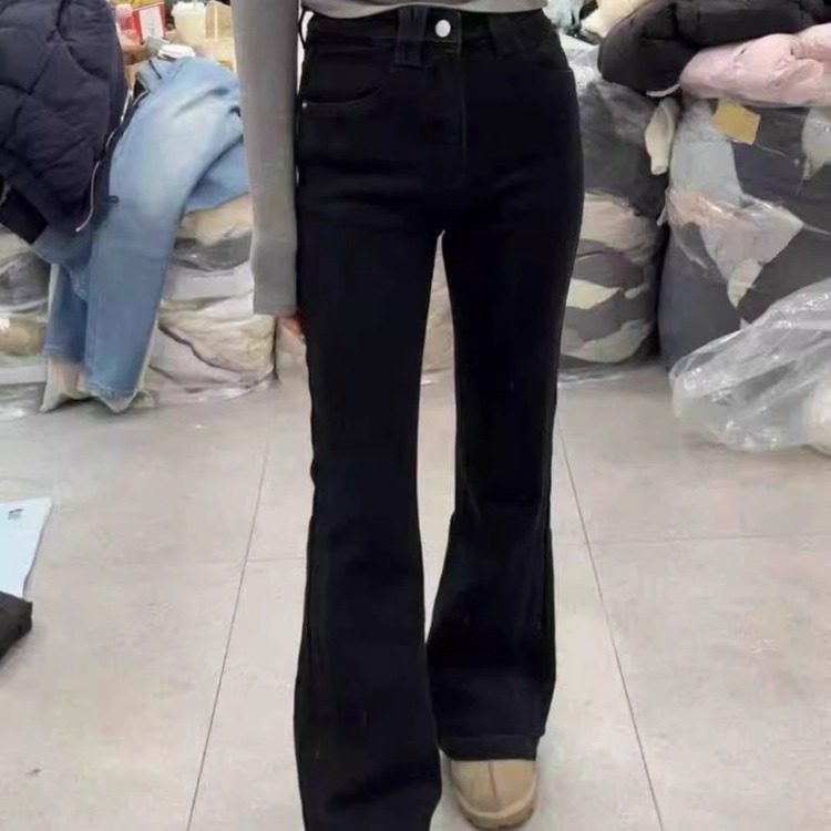 黑色加绒高腰微喇牛仔裤女冬季2025新款显瘦提臀百搭垂感长裤