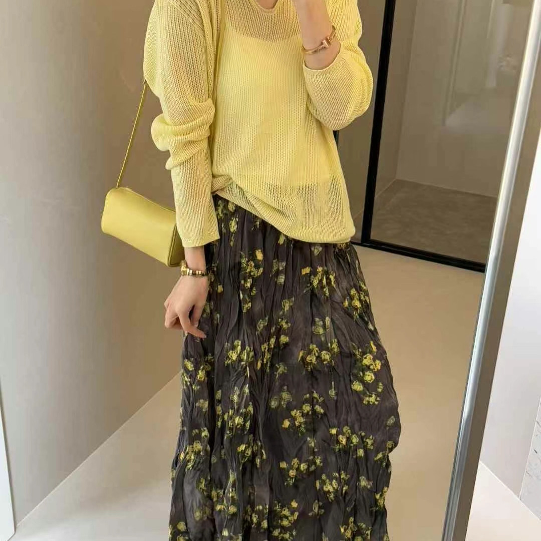 韩版高腰显瘦黄色碎花半身裙女中长款2025春夏季流行a字裙小个子