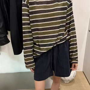 韩范条纹长袖上衣女宽松显瘦圆领打底衫上衣2026秋季小众T恤女