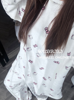 WUBAIZI | 新款秋冬季卡通HelloKitty印花法兰绒睡衣女可爱居家服